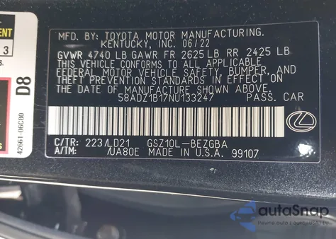 2022 Lexus Es 350 from USA, damaged, VIN 58ADZ1B17NU133247